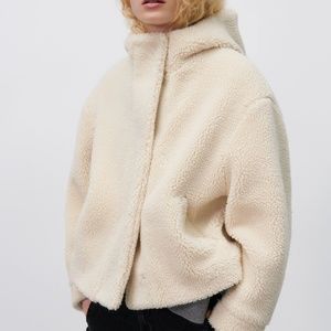 Zara Hooded Fleece Jacket, Ecru